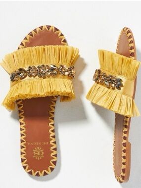 NWOB De Siena Anthropologie Semira Embellished Raffia Sandals Yellow- Size 41